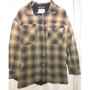 Free People We The Free Womens Distressed Plaid Overshirt Size L